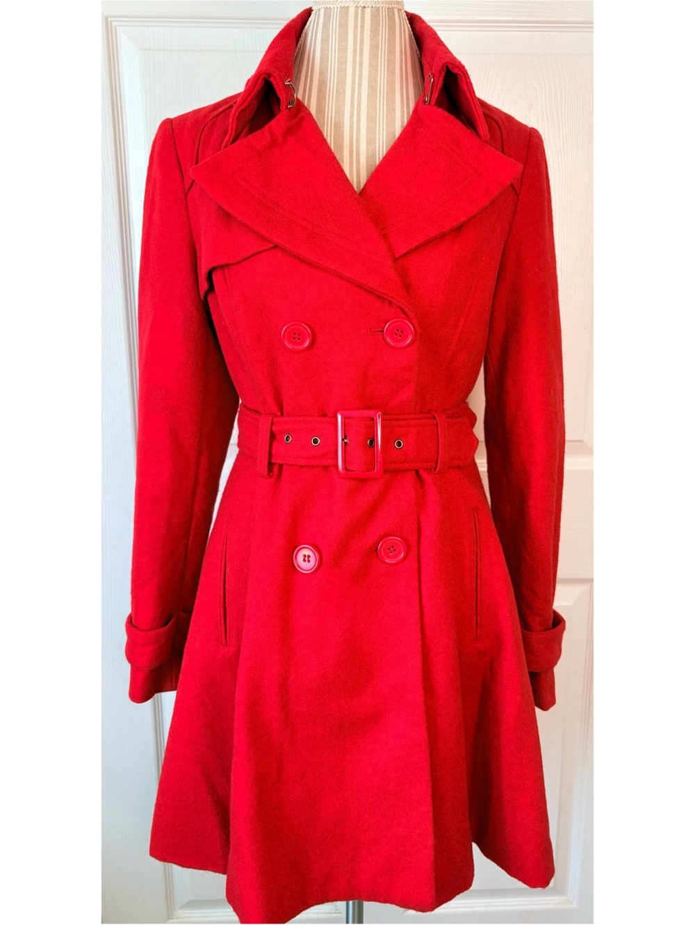 Vintage Y2K Bebe Vibrant Red Double-Breasted Belted Wool Trench Coat - Size M